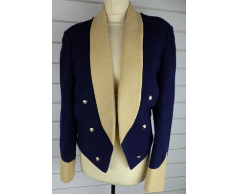 British Army Royal Gloucestershire Hussars mess jacket in blue and buff cloth with red silk lining and waistcoat, named G M W