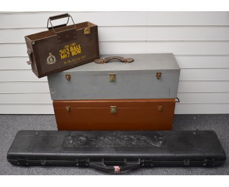 Two military style boxes including a .303 ammunition box, largest 78x26x33cm, and a hard plastic rifle carry case