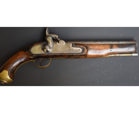 Enfield pattern percussion converted from flintlock hammer action Dragoon pistol with line engraved lock and hammer, brass tr
