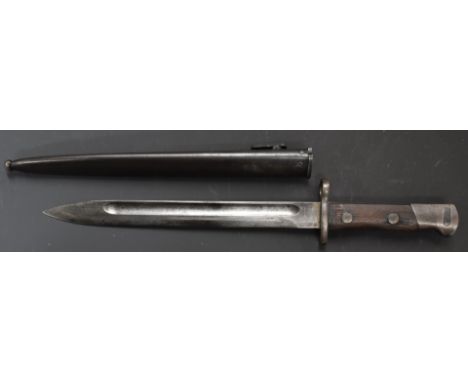 German Mauser export bayonet with wooden grips, fullered blade and scabbard.&nbsp;PLEASE NOTE ALL BLADED ITEMS ARE SUBJECT TO