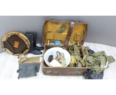 Leather military suitcase for R M Yorke, 11th Hussars containing military ephemera including pair of boots, two pairs of skee