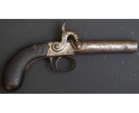 Unnamed percussion hammer action pocket pistol with engraved lock, top flat and hammer, chequered grip, vacant cartouche to t