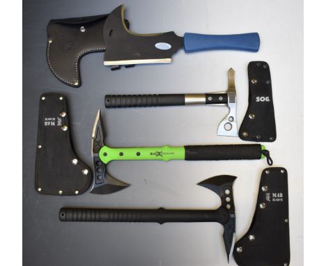 Three modern axes, two by United Cutlery, the other a SOC example, together with a Condor bush knife / axe, largest handle 42