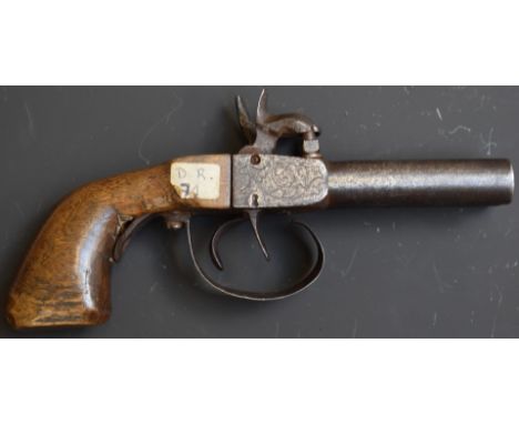 Unnamed percussion hammer action double barrelled side by side pocket pistol with engraved lock, trigger guard and top flat, 