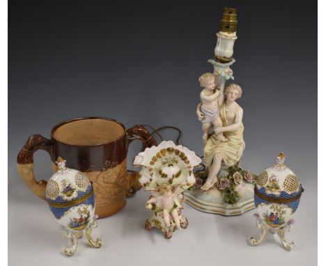 Continental figural candlestick, large salt glazed tankard with greyhound handles and a pair of Dresden pot pourri, tallest 3