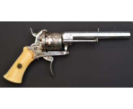 Unnamed 5mm six-shot double-action pin-fire pocket revolver with engraved frame and cylinder, shaped ivory grips, folding tri