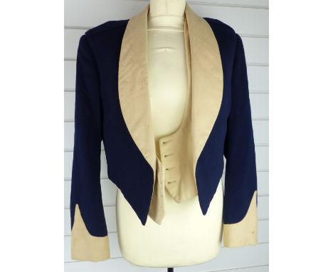 British Army Royal Gloucestershire Hussars officer's mess jacket in blue and buff cloth with crimson silk lining, named Capt 