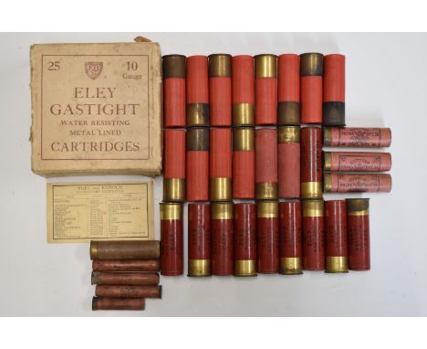 Thirty-three collectable paper cased shotgun cartridges and cartridge cases including twenty-five Eley Gastight 10 bore in or