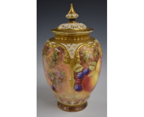 Royal Worcester pedestal painted fruit pot pourri signed Leaman, H16cm&nbsp;&nbsp;