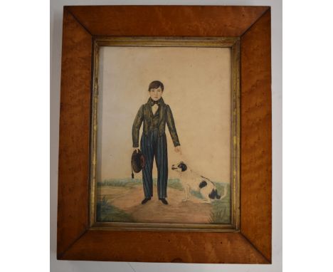 19thC naive watercolour portrait of a man holding a hat, with dog beside him, 23 x 17cm, in period birds eye maple frame