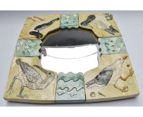 Anna Lambert Gloucestershire Guild of Crafts ceramic mirror with birds, titled 'Oystercatcher' verso, 56 x 56cm