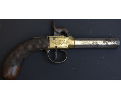 Percussion hammer action pocket pistol with engraved brass frame, chequered grips, vacant cartouche to the wrist and 2.75 inc