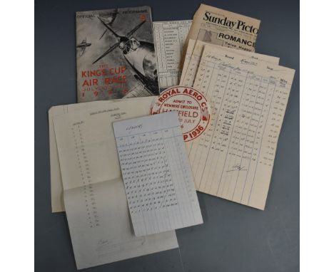 Royal Aero Club King's Cup 1936 air race collection of documents and ephemera to include paper car pass and steward's swing t