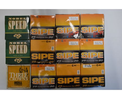 Three-hundred-and-thirty-two 20 bore shotgun cartridges including Hull Three Crowns, Nobel Speed, RC Sipe etc, all in origina