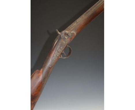Unnamed 10 bore percussion hammer action sporting gun with engraved lock, chequered grip, brass tipped ram-rod and 39 inc smo