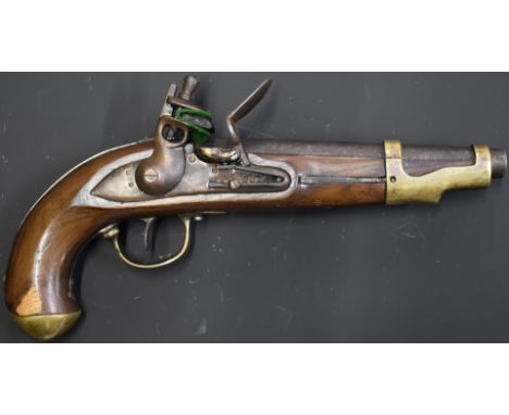 French Dragoon style flintlock hammer action pistol with lock marked St Etienne, brass trigger guard and mounts and 8.5inch b