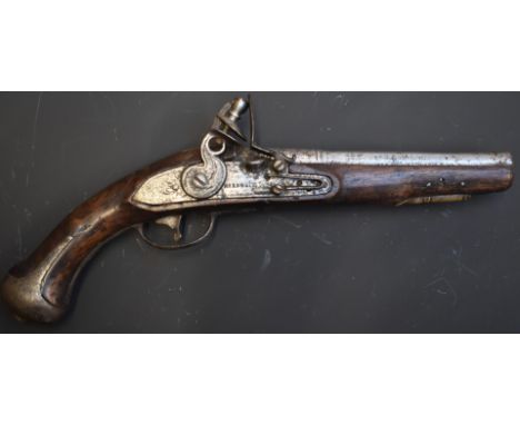 Hardwell flintlock hammer action pistol with named and engraved lock, engraved steel hammer and trigger guard, brass mounts a