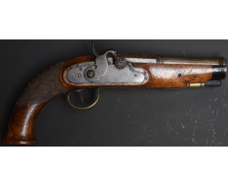 Unnamed percussion converted from flintlock hammer action coat pistol with shaped hammer, brass trigger guard and mounts, car