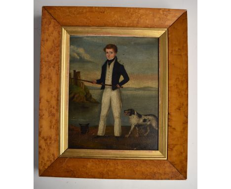 19thC oil on panel portrait of a man with dog, inscribed verso Robert Crawford with reference to Portland Bill and dated Apri