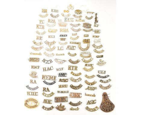 British Army collection of metal shoulder titles covering all arms including Lancashire Fusiliers, Oxs and Bucks, Royal Horse