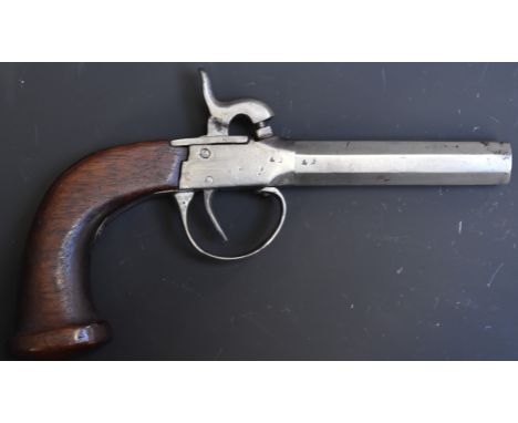 Belgian 40 bore percussion hammer action pocket pistol with shaped wooden grip and 3.25 turn off octagonal barrel, overall le