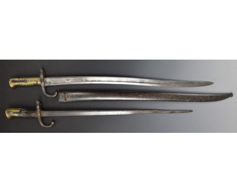 Two French bayonets comprising an 1874 Gras example with T form 51cm blade and an 1866 Chassepot with 57cm Yataghan blade and