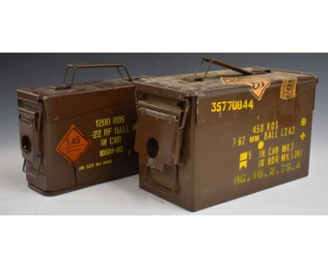 Two metal military ammunition tins 7.62mm and .22RF, largest 30x16x18cm.&nbsp;
