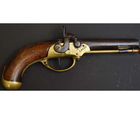Manbeuge French percussion converted from flintlock hammer action service pistol with named brass lock stamped 'B387T', brass