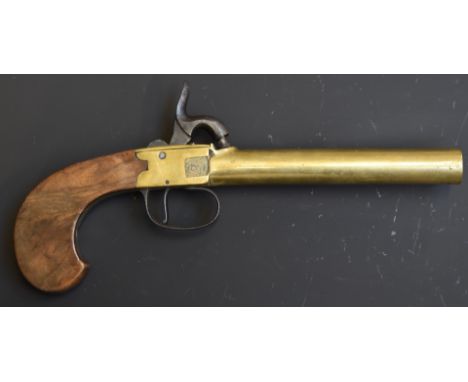 Unnamed 22 bore percussion hammer action belt pistol with brass frame, shaped wooden grips, steel hammer, trigger guard and b