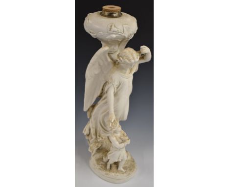 Victorian Copeland Parianware figural oil lamp 'Guardian Angel', after Louis - Auguste Malempre, believed very rare in lamp f