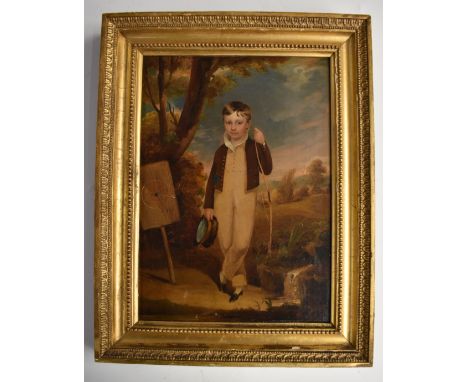 Attributed to John Hoppner (1758-1810), oil on canvas portrait of a young boy with bow beside an archery target, 34 x 24cm, i
