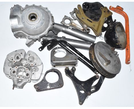 Two boxes of BSA motorbike parts, to include pair of A10 crankcases, cylinder head, pair of con rods, A10 front hub, engine p
