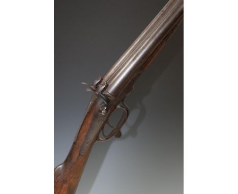 Samuel Ebrall 12 bore pinfire side by side hammer action shotgun with named locks, line engraved rotary underlever and hammer