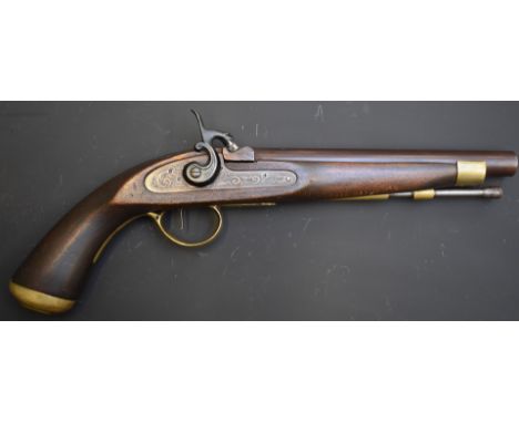 Unnamed percussion hammer action pistol with engraved locks and hammer, brass trigger guard, butt plate and mounts, steel ram