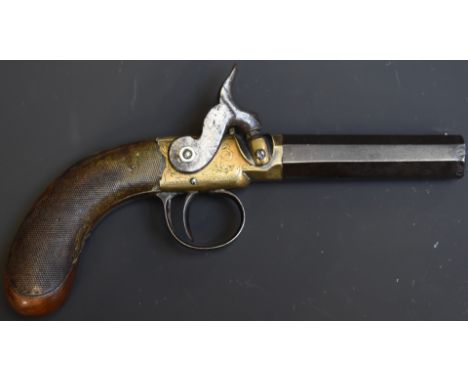 William Butler Barratt &amp; Son of Burton On Trent percussion hammer action pocket pistol with engraved brass lock and frame