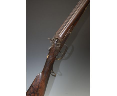 Perrins &amp; Son 14 bore side by side hammer action shotgun with engraved locks, top plate, thumb lever and underside, engra