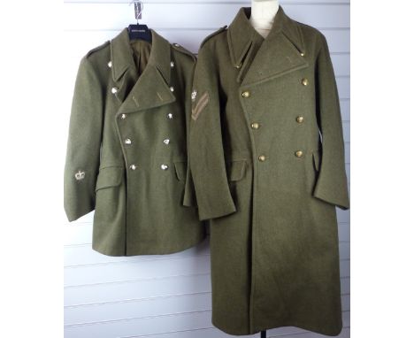 Two British Army Royal Gloucestershire Hussars Cold War greatcoats 1951 Dismounted pattern, one with Corporal rank to the sle