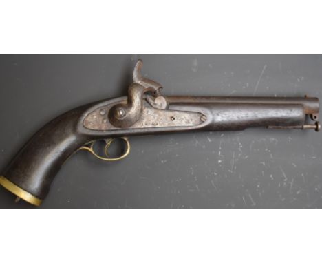 Enfield pattern percussion hammer action pistol with East India Company lion and '1810' stamped to the lock, brass trigger gu