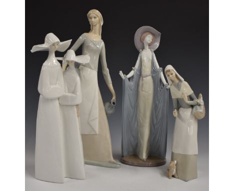 Three large Lladro figurines and a Nao example, tallest 41cm