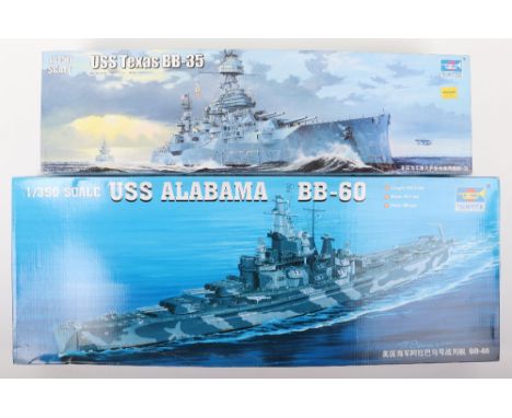 Two Trumpeter 1:350 scale American Warship model kits, USS ALABAMA BB-60 with sealed detail up parts, decking, TopDrawings bo