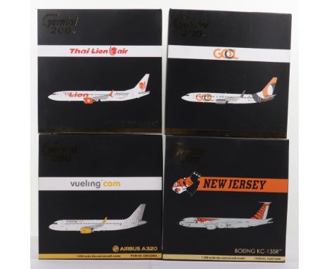 Four Gemini 1:200 scale Diecast model Passenger Planes, Boeing 737-800 GOOL, Boeing 737 Max 9 Thai Lion Air, Boeing KC-135R N