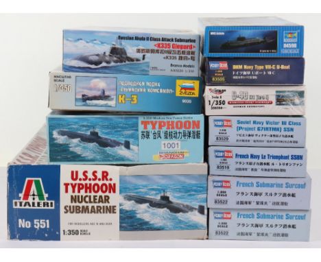 Eleven 1:350 scale Submarine model kits, Italeri USSR Typhoon Nuclear submarine, Shanghai Dragon Typhoon submarine, contents 