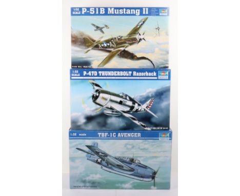 Three Trumpeter 1:32 scale Fighter Aircraft model kits, P-47D Thunderbolt Razorback with extra detail up parts, TBF-1C Avenge