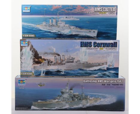 Three Trumpeter 1:350 scale British Battleship model kits, HMS WARSPITE 1942 with upgrade set, HMS CORNWALL and HMS EXETER wi