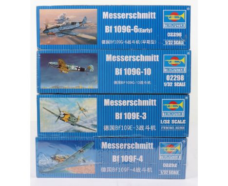 Four Trumpeter 1:32 scale Messerschmitt Fighter Aircraft model kits, Bf 109F-4 sealed box, Bf 109E-3 with detail up parts, Bf