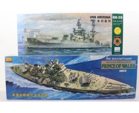 Four 1:350 scale Warship model kits, Mini Hobby Models British Battleship PRINCE OF WALES and USS ARIZONA, Arizona with seale