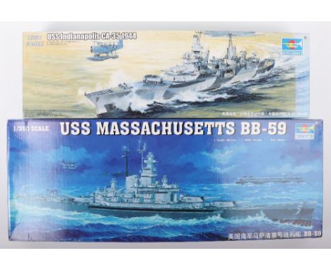 Two Trumpeter 1:350 scale American Warship model kits, USS MASSACHUSETTS BB-59 with detail up parts and decking, USS INDIANAP