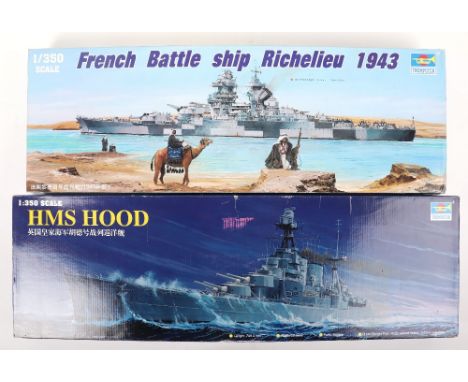 Two Trumpeter 1:350 scale Battleship model kits, HMS HOOD with sealed detail up parts, wooden decking, upgrade set and Britis