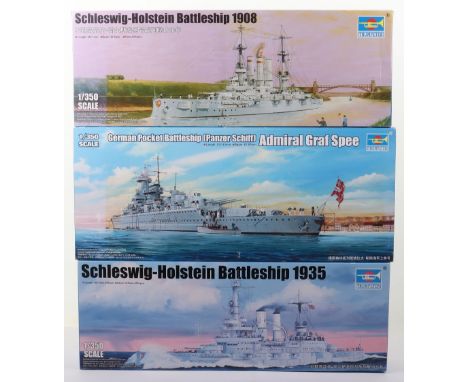 Three Trumpeter 1:350 scale German battleship model kits, SCHLESWIG-HOLSTEIN 1908, SCHLESWIG-HOLSTEIN 1935 and ADMIRAL GRAF S