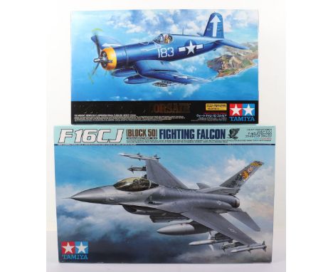 Two Tamiya 1:32 scale Fighter Aircraft model kits, Lockheed Martin F16CJ Fighting Falcon and Vought F4U-1D Corsair, all conte